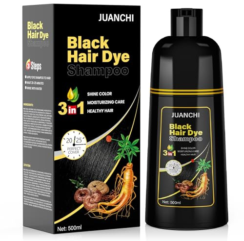 JUANCHI Champú de Color Negro para Cabellos Grises, Color Negro 3 en 1, 500ML, Color Negro Natural para Mujeres y Hombres (16,9 oz)