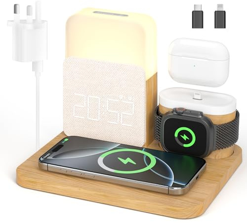 COLSUR 6 in 1 Wireless Charging Station, MagSafe 18W Wireless Charger with Alarm Clock, Night Light, Wireless Charger Stand for iPhone 16 15 14 13 12 11 X Pro Max, Apple Watch, AirPods