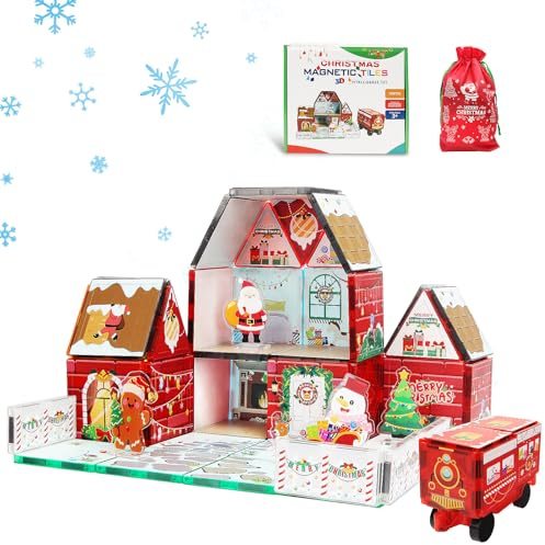 MAYAPHILOS 60 stycken magnetiska byggstenar med 1 bil, jultomte, rulle, snögubbe, magnetbyggstenar, magnetkakel, Montessori leksaker för 3+ år gamla pojkar och flickor