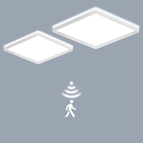 LEZOE 2PCS LED Deckenleuchte Dimmbar Bewegungsmelder, 18W 2000LM Radar LED Deckenlampe Dimmbar mit Fernbedienung, 3000K/4500K/6500K Sensorlampe Für Bad, Garage, Treppen, Keller, Flur, Diele 22CM