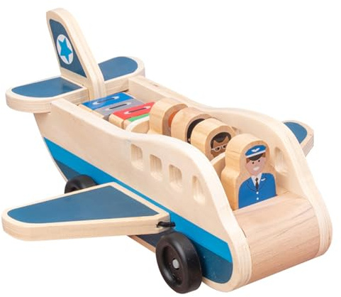 XVHOAB Hölzerne Passagierflugzeugset, Spielzeugflugzeug mit 4 Spielfiguren und 4 Koffer für Kleinkinder, klassisches Holzspielzeug perfekt für Rollenspiele und Fähigkeitenentwicklung