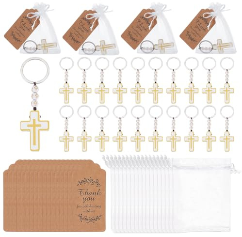 GOMAKERER Juego de 30 regalos para bautizo, rosario, llavero, rosario, cruz, colgante con colgante de agradecimiento y bolsas de organza, para bautizo, despedida de soltera, fiestas para hombres y