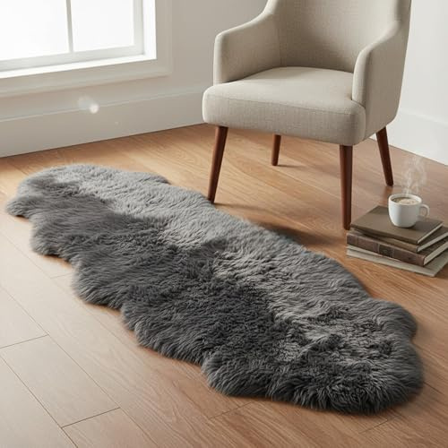 Alfombra de piel de oveja de lujo, 100% lana real natural, suave, sedosa y esponjosa. Manta para dormitorio, sofá o suelo muy cálida, transpirable y decorativa (180 x 60 cm) (Carbón)