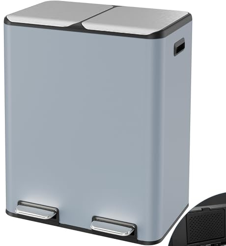 LIFERUN Mülleimer 2 Fächer, 2 x 30 Liter Treteimer mit Geruchsfilter, Deckel Geräuschlos, Inneneimer aus Kunststoff, Mülltrennsystem, Metall Doppelter Abfalleimer für Küche Büro, blau