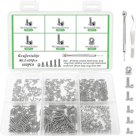 GcwJovialite 600 Stück M1.2 x3/4/5/6/8 mm Kleine Schrauben Set, Mini Schrauben Muttern Set, Vernickelt Mikro Maschinenschrauben mit Muttern Kreuzschlitzschrauben Für Elektronik Uhrmacher Brillen