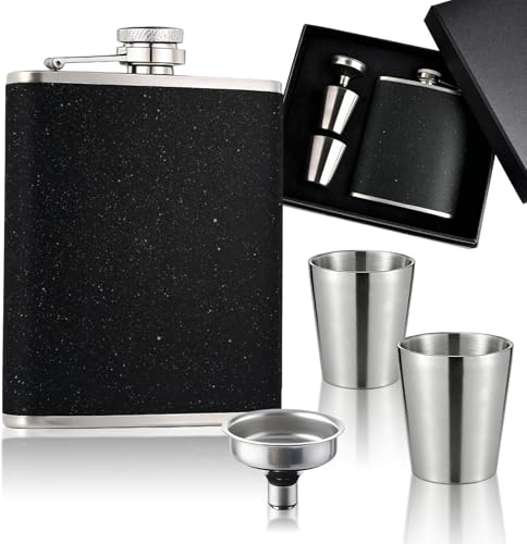 Hip Flask Gift Set for Men & Women - 8oz Stainless Steel Leather | Finish Black Flask with 2 Shot Cups & Funnel, Premium Alcohol Flask for Wedding, Travel, Gift Box