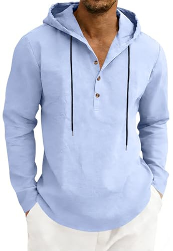 PADOLA Camisa con Capucha de Lino para Hombre Sudadera con Botones Camiseta de Mangas Largas Casual Verano Respirable(XL,Azul Claro)