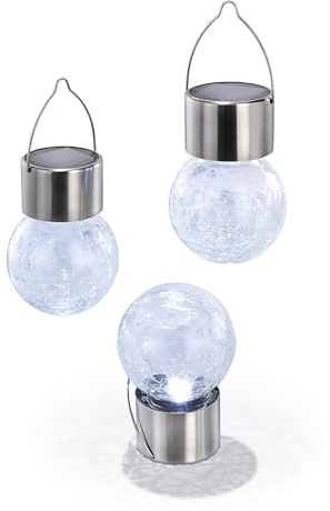 Esotec Solar Hängeleuchte 3er Set Glaskugel Outdoor kaltweiß 102308 | 3 Hängende Leuchtkugeln, Ø6×15cm, Echtglas Bruchglasoptik, 6000K kaltweiß, Hänge- & Tischleuchte, Edelstahl, Akku wechselbar