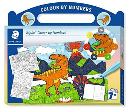 STAEDTLER triplus Malen nach Zahlen Set Dinosaurier, mit Filzstiften, Finelinern, Postkarten und nummerierten Farbanleitungen, 34 CBN02