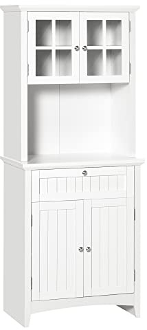 HOMCOM Kitchen Cupboard, Wooden Storage Cabinet with Framed Glass Door, Drawer, Microwave Space for Dining and Living Room, White