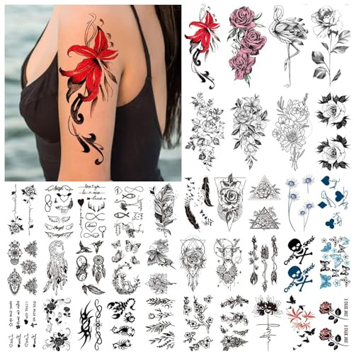 Temporäre Tattoos für Erwachsene, Fake Tattoo 3D Schwarze Rose Tattoo | Blume Tattoo, Arm Tattoo, Gesichtstattoo, Wasserdichtes Tattoo, Erwachsene Klebetattoos Aufkleben Männer Frauen