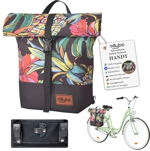 millybo HANDY Rolltop Rucksack Fahrradtasche Rucksack Backpack Gepäckträgertasche für Damen und Herren (400.001)