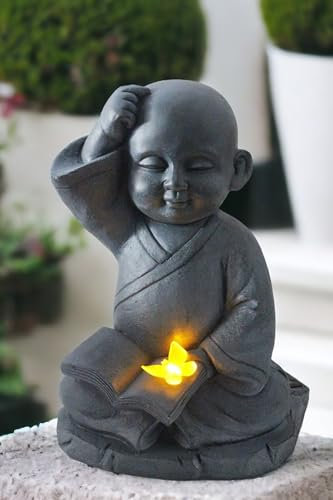 Arnusa Lampe solaire moine - Figurine de jardin - 41 x 30 x 24 cm - Bouddha avec livre - Statue de jardin - 4 kg
