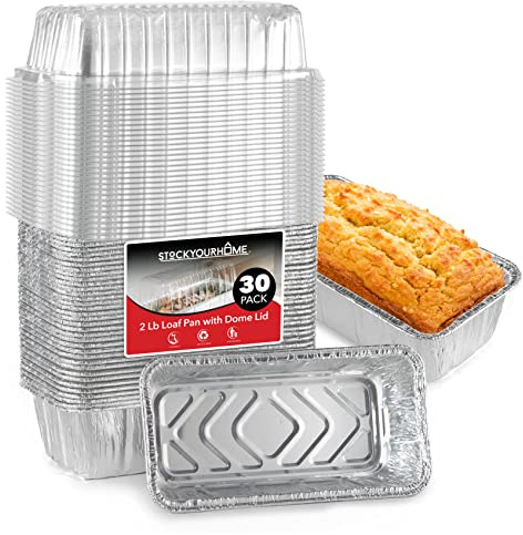 Stock Your Home Disposable Aluminum Loaf Pans with Lids, 2 Lb (30 Pack) Foil Baking Tins with Plastic Lid, Tin Pan with Cover for Cake, Banana Bread, Meatloaf, Mini Lasagna, Drip Trays