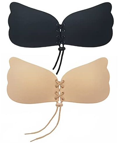 Donbafre Push Up Bra for Women, 2 Pack Invisible Adhesive Strapless Backless Bra, Stick on Bra with Drawstring, Skin Friendly Sticky Silicone Padded for Everyday Wearing, Party, Wedding,Size D