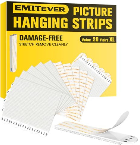 Emitever Picture Hanging Strips 20 Pairs (40 Strips, XL) Holds Up to 7.2 kg, Wall Stickers for Picture Hanging, No Nails Damage-Free Frame Poster Hangers for Frames Signs Home Decor White