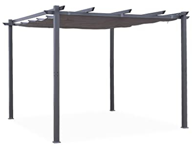 Alice's Garden - Pergola aus Aluminium - 3 x 3 m - Grauer Stoff - Ideale Laube für Ihre Terrasse, einziehbares Dach, Schiebetuch, Aluminiumstruktur - Isla