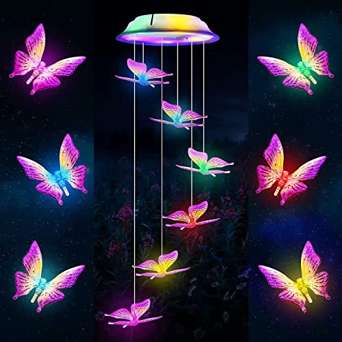 Campanilla de Viento Solar, LED Carillón de Viento Mariposa Lámpara Impermeable Solar Luces Decoración para Jardín, Patio, Navidad Regalos Mujeres Día de la Madre