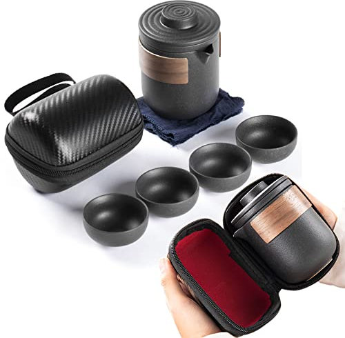 Juego de té de cerámica, tetera china de Kung Fu, juegos de té de viaje con 1 tetera y 4 tazas, adecuado para viajes, hogar, exteriores y oficina