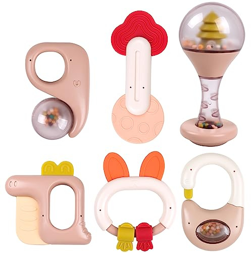 Hochet en silicone pour nouveau-né,Ensemble de massage des gencives 6 pièces, sans BPA jouets de dentition cadeau pour enfants bébé 3 6 9 12 mois, multicolore
