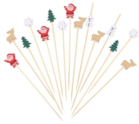 Catelves Weihnachten Cocktailspieße 100 Stück Fingerfood Spieße,Schneeflocke Cocktail Picks,Zahnstocher Holz,Elch Cocktail Deko Obststäbchen für Fingerfood,Grillgut,Obst,Antipasti,Cocktail Dekoration