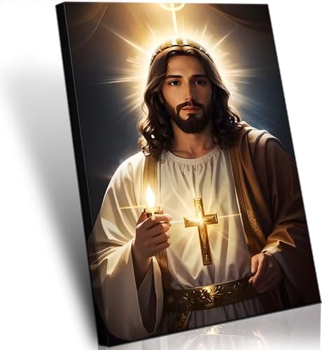 Riveda Gerahmte katholische Jesus Lichter Kerzen Wandkunst Gott Druck auf Leinwand Jesus Gemälde Christliche Wanddekoration Jesue Bilder für Wand fertig zum Aufhängen 40,6 x 61 cm