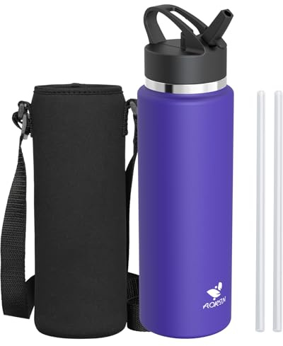 AORIN Stainless Steel Water Bottle - 500ml/750ml/1L - BPA Free & Leakproof - Insulated Water Bottle with Straw - Portable Metal Drinking Bottle - Vacuum Flasks for Fitness, Gym, Travel, Sport