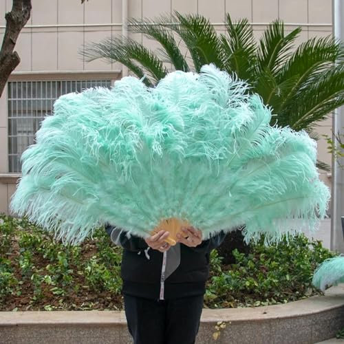 Abanico grande de plumas de avestruz, 13 barras, plumas esponjosas, abanico plegable para carnaval, fiesta, escenario, ópera, accesorios decorativos, verde menta, 2 piezas