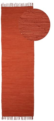 carpetfine Flickenteppich Kelim Chindi Uni Läufer Orange 60x180 cm, handgewebt | Fleckerlteppich aus Baumwolle für Wohnzimmermit Fransen