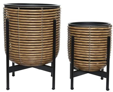 KSD Blumentöpfe mit Ständer 27x38cm & 21x29cm Polyrattan Outdoor 2er Set braun - Pflanzenkübel mit Abflussloch für draußen - Pflanzkübel Blumenübertopf - Aussenbereich Pflanzentopf