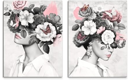 STYLER Leinwandbilder Set Ana 2x 32x42 cm (AUFHÄNGFERTIG) - Frau mit Blumenkopf – Hochformat Wandbild für Wohnzimmer und Schlafzimmer – Abstraktes Bouquet in Rosa und Grau