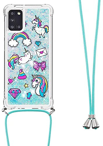 Handykette Hülle für Motorola Moto G 5G 2024 Glitzer Treibsand Necklace Hülle mit Kordel zum Umhängen Silikon Clear Handy Schutzhülle Bumper dünn Hülle mit Band Case zum umhängen Einhorn