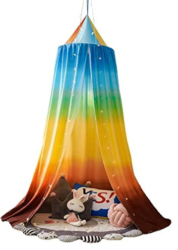 Himmelbett-Vorhänge, runder Kuppelhimmel, Verdunkelung, Mückenschutz, Moskitonetz mit Stern-Lichterkette, Farbverlauf (Regenbogen-Farbverlauf)