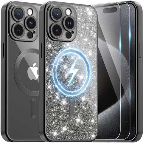 Ethanger Magnetic Case for iPhone 15 Pro Max, Titanium black | Compatible with MagSafe, with 2 x Screen Protector, with Glitter Card and Wrist Strap, Protective Case for Women Girls