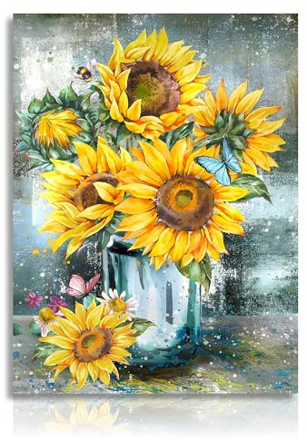 NymphFable Vintage Sonnenblume Leinwand Bilder Blume in Vase Malerei, rustikale botanische Wandposter für Schlafzimmer Wohnzimmer Dekor 12x16 ohne Rahmen