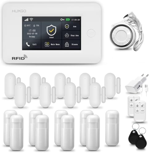 HUXGO® HXA006 Alarmanlage fürs Haus WiFi + GSM Set mit Sirene | Funk Alarmanlage Wohnung mit App. TUYA |Alarm System mit 9X Bewegungssensor, 9X Fensteralarm/Türsensoren | Smart Home