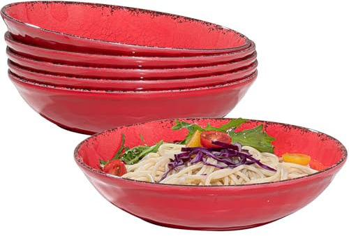 ZAROCRUS Farmhouse Melamine Pasta Bowls Set of 6, 42 OZ Large Serving Bowls Set, 9.25 inch Ramen Bowls,Wide and Shadow Rustic Red Round Dinner Bowl, Fruit bowl, Noodle Bowl, Salad Bowl Set, Red…