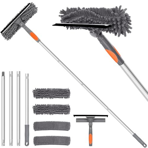 Professional 72'' Window Squeegee Cleaning Washing Tool/Kit with Extension Pole, 3 in 1 Squeegee for Window Cleaning Kit for High Window with 1 Rotatable Head 4 Interchangeable Scrubber