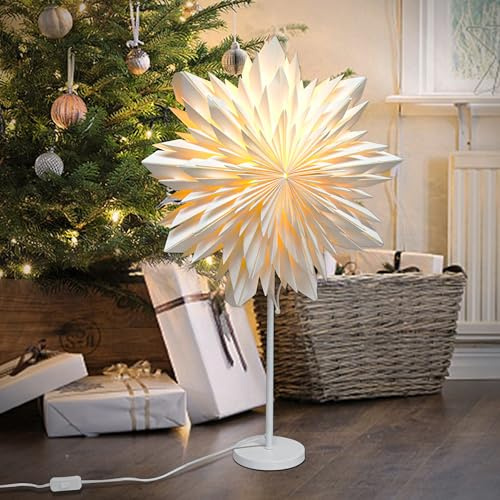 EANLOLY Stehender Weihnachtsstern Beleuchtet - LED Papierstern Weihnachten Tischlampe für Weihnachtsdeko Innen Fenster， Leuchtsterne Deko, Weihnachtsbeleuchtung Lichterkette Weiß