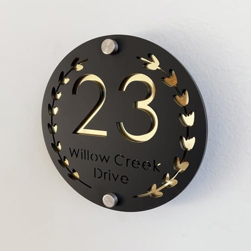 Round Garland Personalized 3D Acrylic House Number Plaque, Two-Tone Floating Numbers (Black and Gold) for Indoor and Outdoor, Perfect for Homes, Hotels, Apartments and Business.