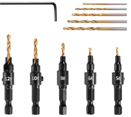 Litorange Pack of 5 Electrophoresis Black Drill Bits with Countersink for Wood, Wood Drill with 5 Titanium-Coated Hardened HSS Twist Drills, 1/4 Inch Hex Shank Quick Change Countersunk Drill Bits