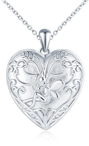 Herz Foto Kette Silber 925: Halskette Damen Engel Medaillon zum Öffnen für Bilder - Mode Blumenfee Anhänger Ketten Amulett Schmuck - Personalisierte Geschenk für Frauen Mama Freundin Mädchen Silber