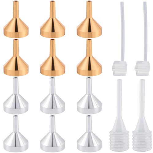 GORGECRAFT 12pz Mini Imbuto in Alluminio Platino e Oro Imbuti per Oli Essenziali in Metallo 2 pz. Strumento di Trasferimento per Erogatore di Profumo Trasparente 2 pz. Contagocce per Riempire