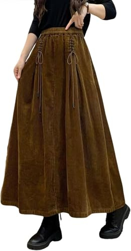 FENXIXIONE Womens Fall Winter Corduroy Maxi Skirt Elastic High Waist Drawstring Tie Front A-Line Pleated Long Skirt with Pockets (XL,Brown)