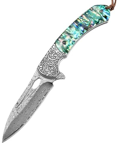 Joa Klappmesser Bunt Damast Taschenmesser aus Damaststahl Muschel Damaszener Klein Outdoor edc messer Survival Jagdmesser scharfer Einhandmesser/clip,Geschenk für Männer