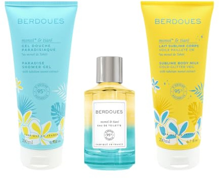 BERDOUES - Lot Eau de toilette, Gel douche et Lait corps pailleté Monoï Tiaré. Lot solaire et exotique. Parfum femme. Made in France, Vegan. 100ml, 200ml, 200ml
