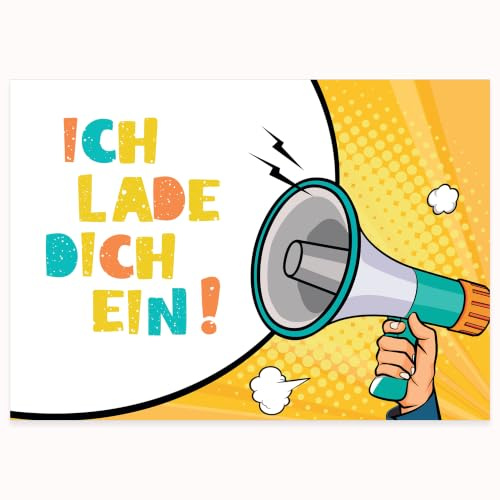 Edition Colibri 10 Einladungskarten zum Kindergeburtstag Megaphon Ich Lade Dich Ein – Pop-Art Comic Style für Jungen und Mädchen – Einladungskarten Kindergeburtstag DIN A6 Set Karten ohne Umschlag