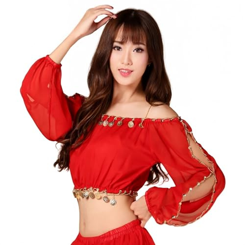SamHeng Donne Top per Danza del Ventre, Monete Brillanti Maniche Lunghe Crop Top per Danza Tribale con Pizzo e Scollo Spalle Scoperte Abbigliamento per Spettacoli Festival e Carnevale‌, Rosso‌
