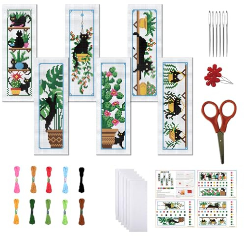 FREEBLOSS Juego de 6 marcapáginas de punto de cruz, diseño de gato y plantas en maceta, kit de bordado de puntada, marcadores de libros de bricolaje, kits de punto de cruz impresos con instrucciones
