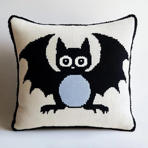 Henypt DIY Latch Cushion with Pre-Print Cross Stitch Sofa Cushion Cover Tool Teppich Knüpfen Set Erwachsene Kissen Knüpfen Set Kissenbezüge 43x43cm(Schwarze Fledermaus)